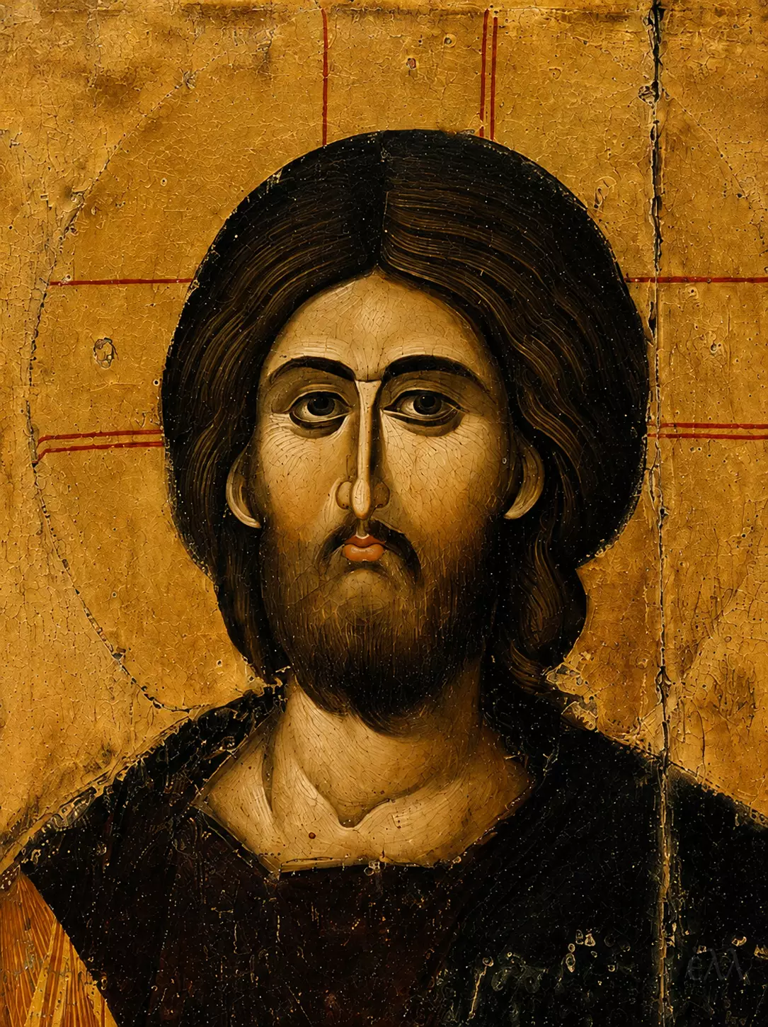 Sinai Pantokrator Icon Detail Showing Christ'S Frontal Face And Solemn Direct Gaze