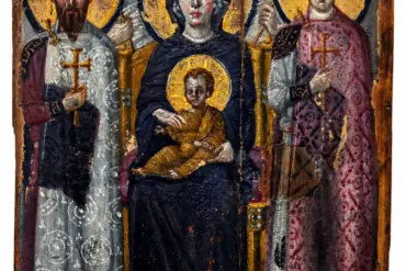 Ikon Sinai Bunda Maria dan Bayi Yesus Bersama Santo Theodore dan Santo George dan Dua Malaikat