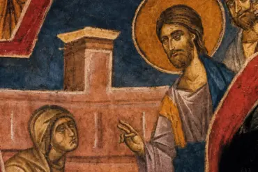 Detail eines byzantinischen Freskos aus „Die Scherbe der Witwe“, das die Witwe neben der Tempelschatzkammer zeigt.