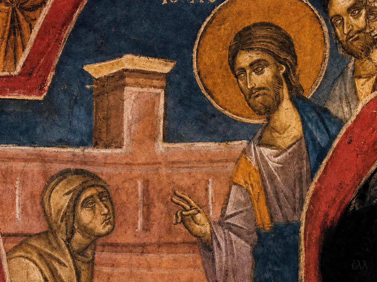 Widow'S Mite Byzantine Fresco Detail Showing The Widow Beside The Temple Treasury