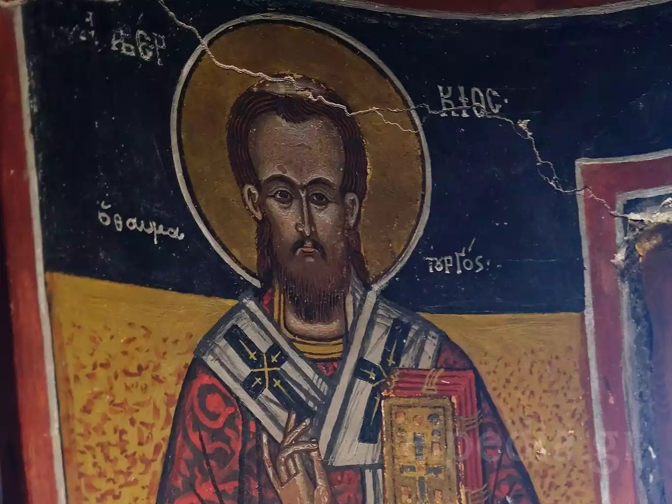 Η Τοιχογραφία Του Αγίου Αβερκίου Στα Άγραφα 8 Λεπτομέρεια Προσώπου Του Αγίου Αβερκίου Σε Μεταβυζαντινή Τοιχογραφία Με Ρωγμωμένο Φωτοστέφανο Στα Άγραφα.