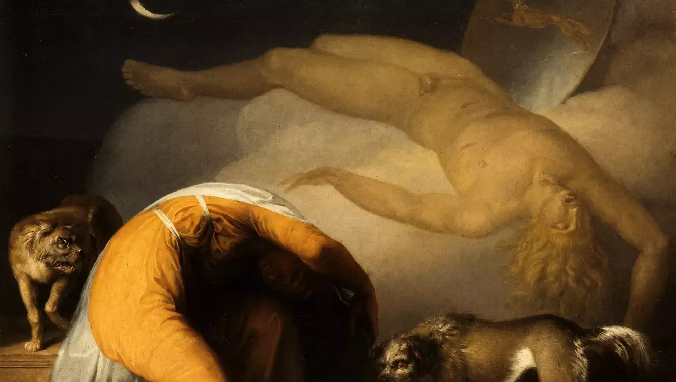 Abildgaard Culmin'S Ghost Revealing The Spectral, Pale Figure Of A Deceased Warrior Floating Above His Grieving Mother And Two Startled Dogs.
