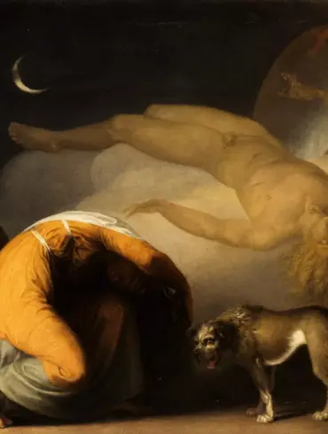 Abildgaard Culmin'S Ghost Revealing The Spectral, Pale Figure Of A Deceased Warrior Floating Above His Grieving Mother And Two Startled Dogs.