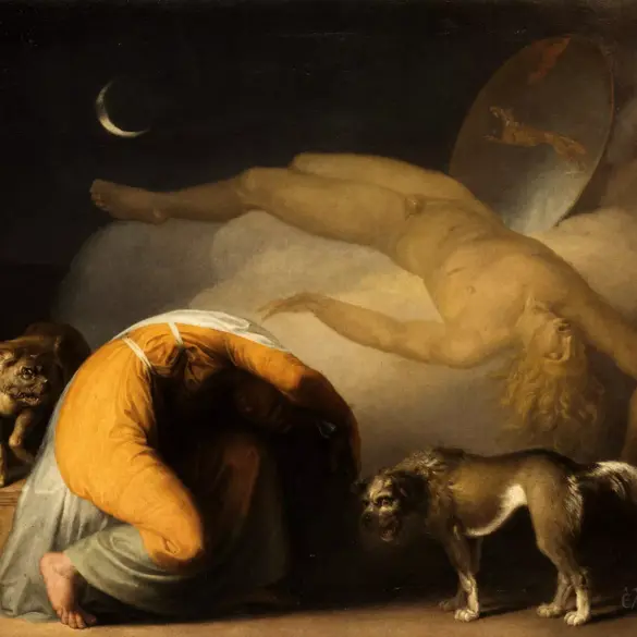 Il fantasma di Abildgaard Culmin rivela la figura spettrale e pallida di un guerriero defunto che fluttua sopra la madre in lutto e due cani spaventati.