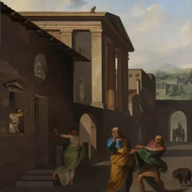 The Midwife Bids Farewell To The Daughter Of Andros, Abildgaard’s Painting With A Street Scene