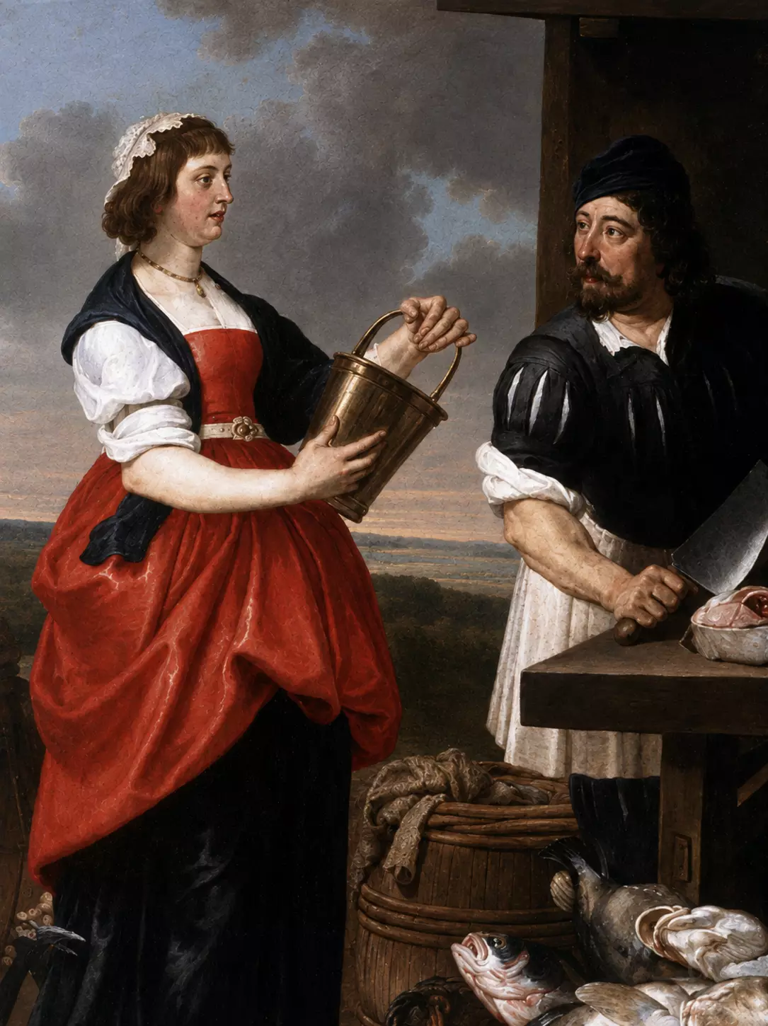 Fishmonger'S Stall Detail Showing The Customer With Pail And Fishmonger Holding A Knife
