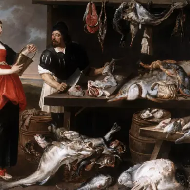 Fishmonger'S Stall By Adriaen Van Utrecht With Fish, Shellfish And Market Figures