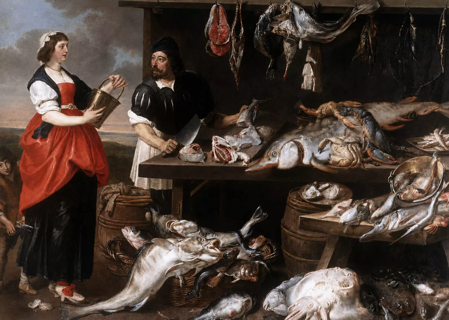 Fishmonger'S Stall By Adriaen Van Utrecht With Fish, Shellfish And Market Figures