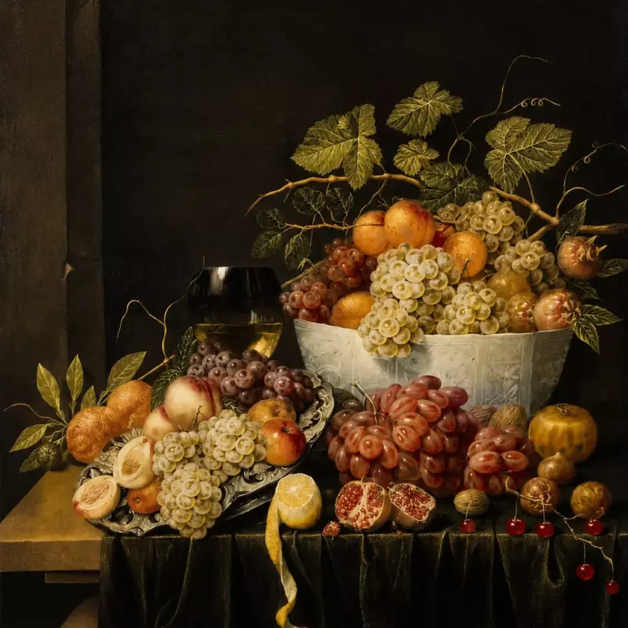 Still-Life With Grapes By Adriaen Van Utrecht With Luminous Fruit Against Darkness