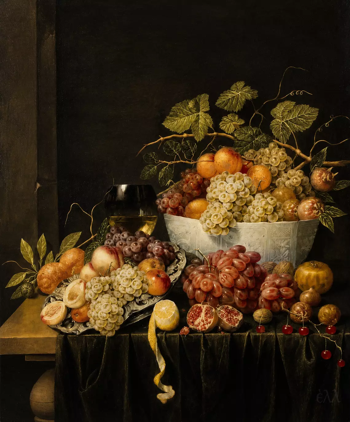 Still-Life With Grapes By Adriaen Van Utrecht With Luminous Fruit Against Darkness