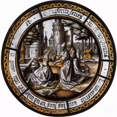 Aert Van Ort Susanna And The Elders, A 16Th-Century Stained-Glass Roundel Showing Susanna Kneeling Beside A Fountain As Two Robed Elders Approach Her In An Enclosed Garden.