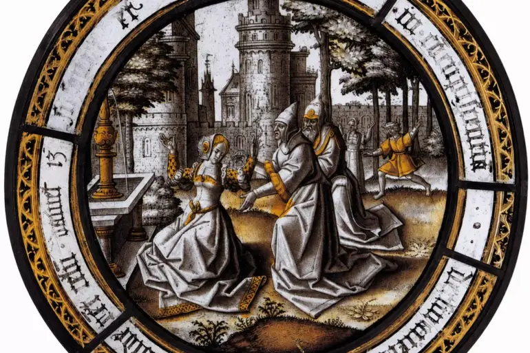 Aert Van Ort Susanna And The Elders, A 16Th-Century Stained-Glass Roundel Showing Susanna Kneeling Beside A Fountain As Two Robed Elders Approach Her In An Enclosed Garden.