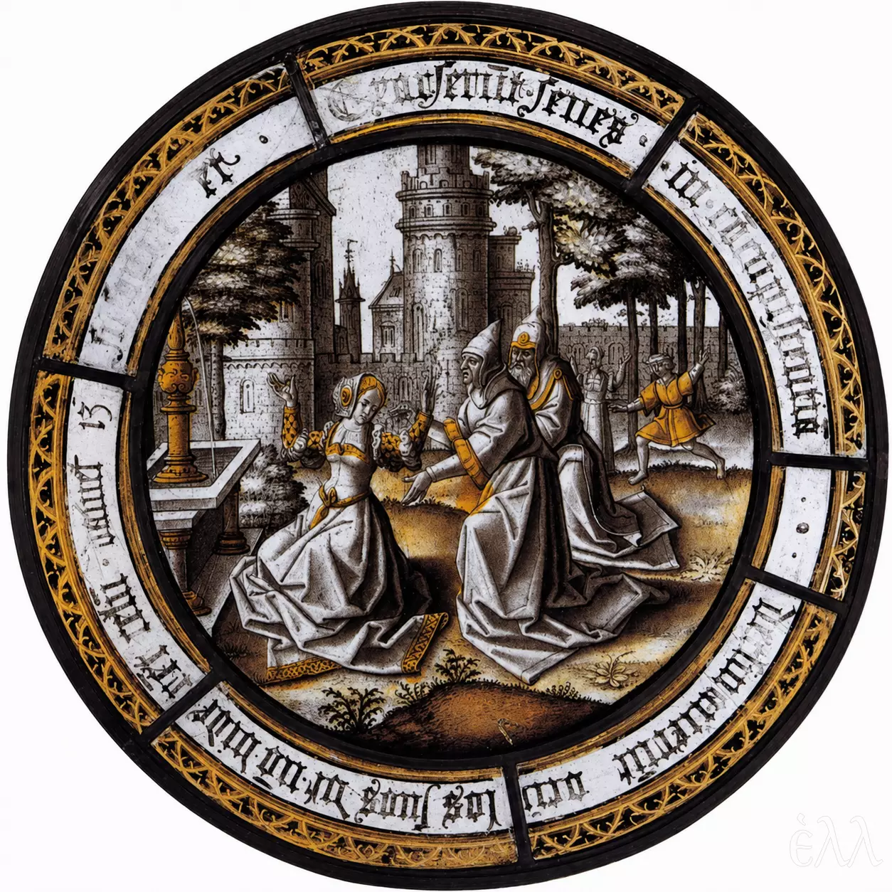 Aert Van Ort Susanna And The Elders, A 16Th-Century Stained-Glass Roundel Showing Susanna Kneeling Beside A Fountain As Two Robed Elders Approach Her In An Enclosed Garden.