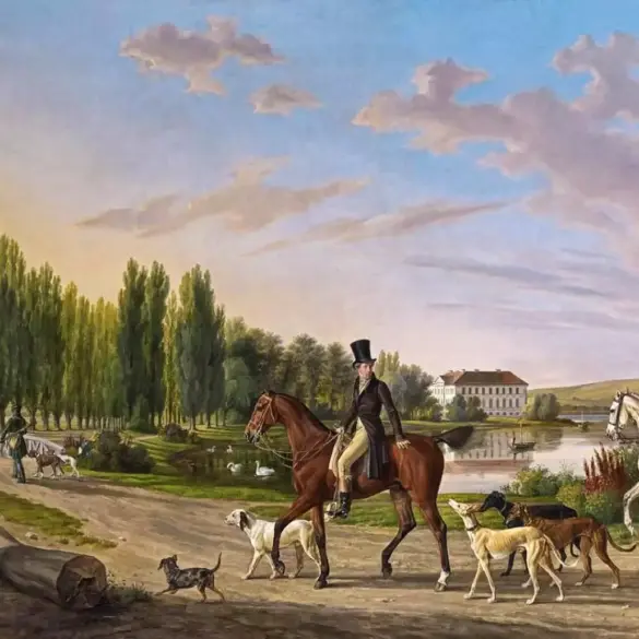 The Return From The Hunt By Albrecht Adam With Riders, Hounds And Schloss Schorssow