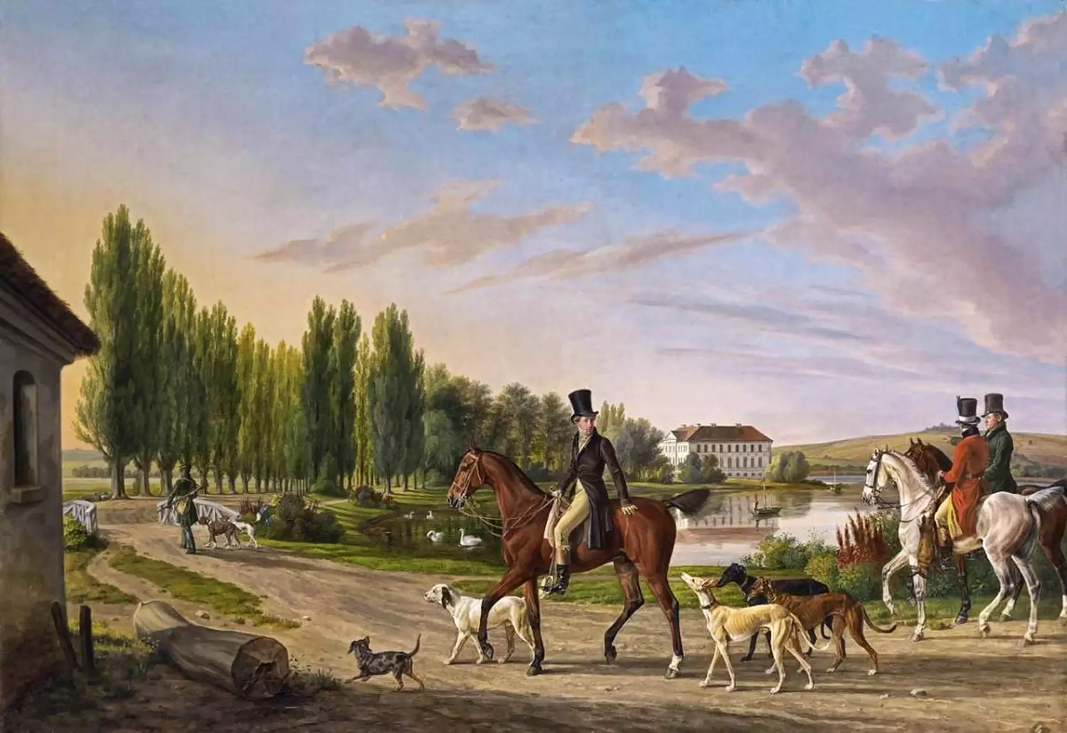The Return From The Hunt By Albrecht Adam With Riders, Hounds And Schloss Schorssow