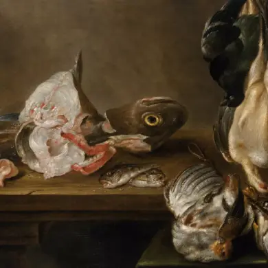 Fish And Dead Game By Alexander Adriaenssen With Fish And Hanging Birds On A Table