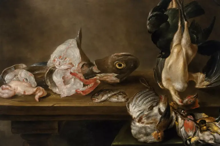 Fish And Dead Game By Alexander Adriaenssen With Fish And Hanging Birds On A Table