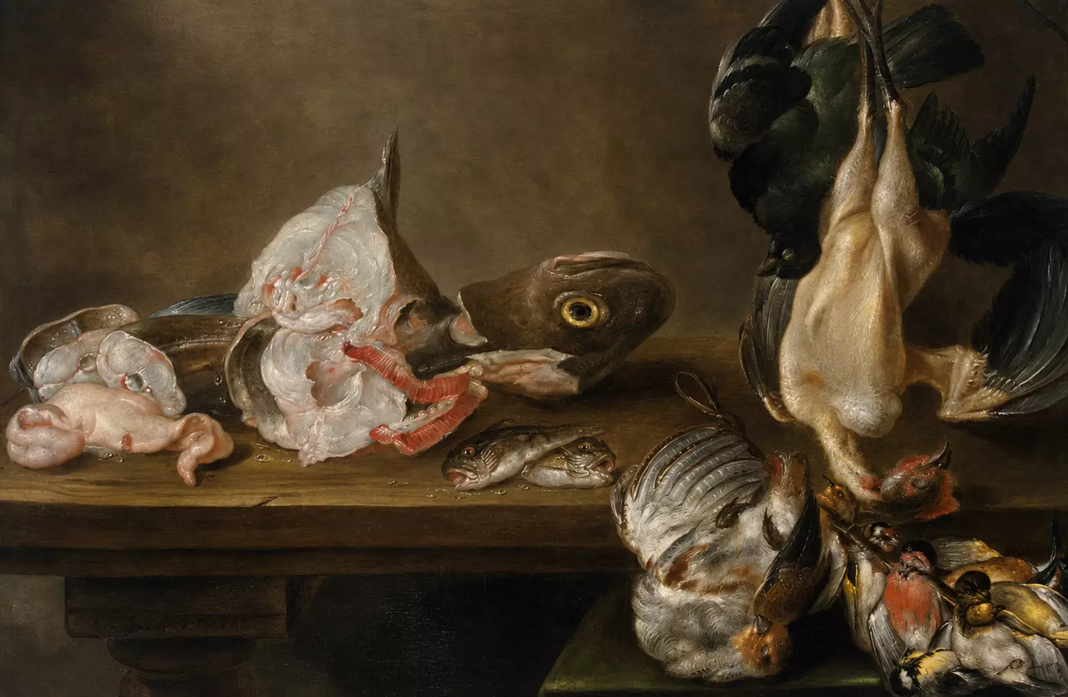 Fish And Dead Game By Alexander Adriaenssen With Fish And Hanging Birds On A Table