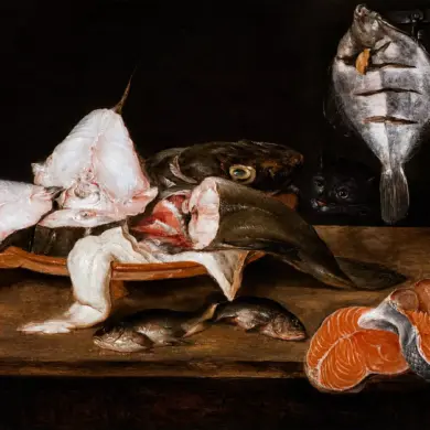 Alexander Adriaenssen Still-Life With Fish Showing Cut Fish, Steaks And A Watching Cat