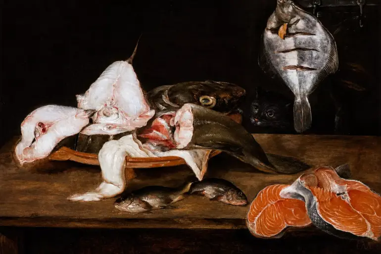 Alexander Adriaenssen Still-Life With Fish Showing Cut Fish, Steaks And A Watching Cat
