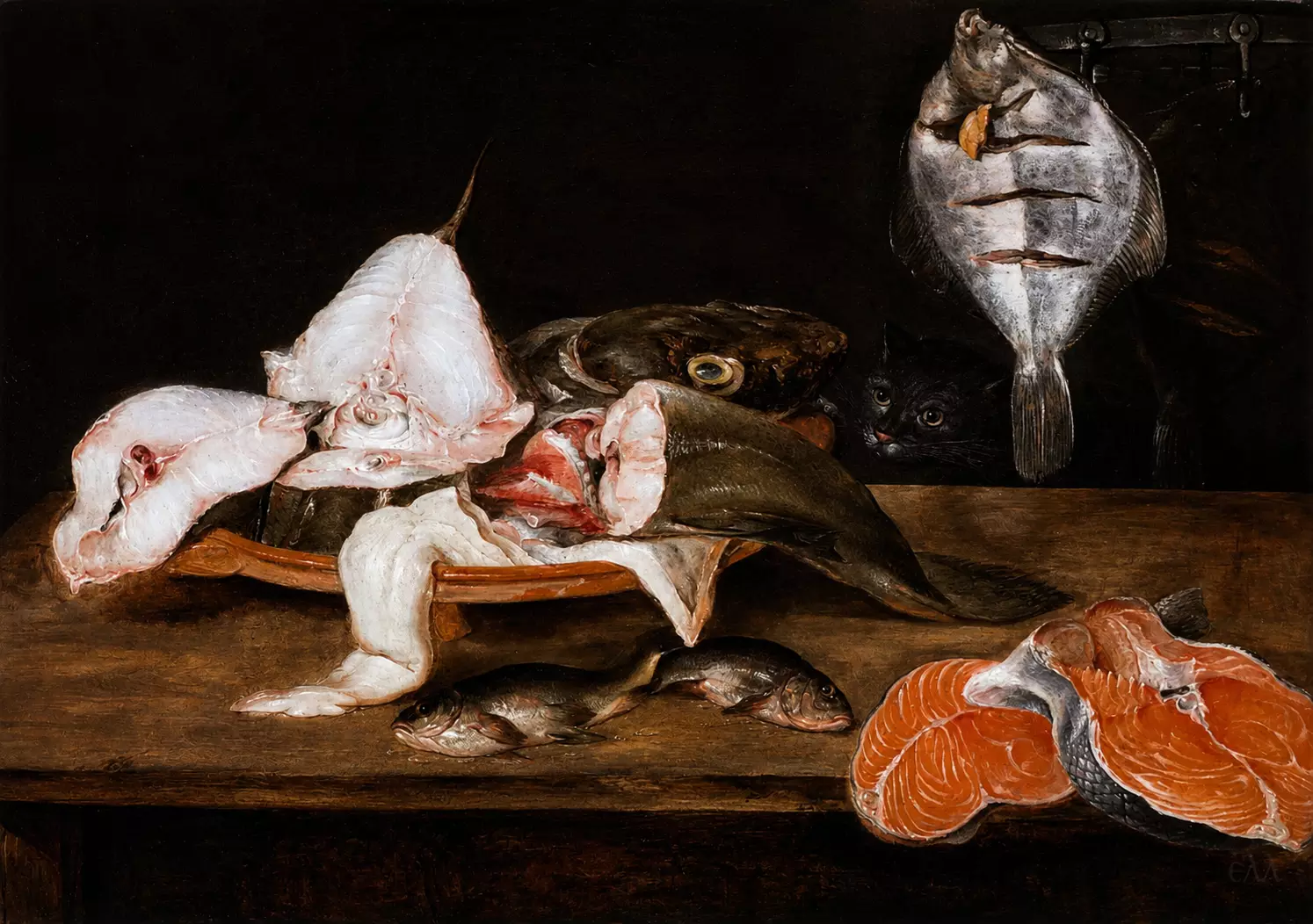 Alexander Adriaenssen Still-Life With Fish Showing Cut Fish, Steaks And A Watching Cat