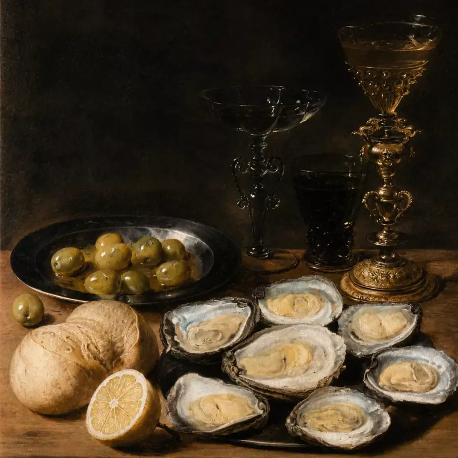 Still-Life With Oysters By Alexander Adriaenssen With Bread, Lemon And Vessels