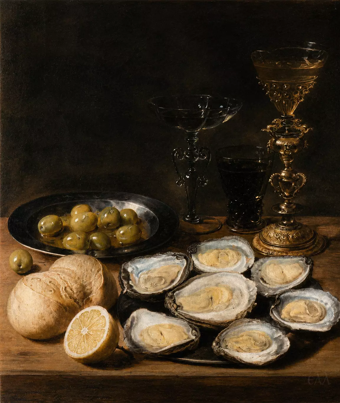Stillleben mit Austern von Alexander Adriaenssen mit Brot, Zitrone und Gefäßen
