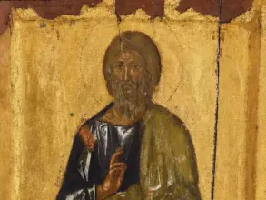 Apostle Andrew Byzantine Icon Detail Showing The Saint’s Face, Halo And Raised Hand