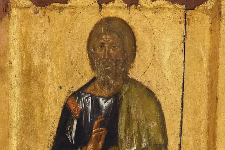 Apostle Andrew Byzantine Icon Detail Showing The Saint’s Face, Halo And Raised Hand