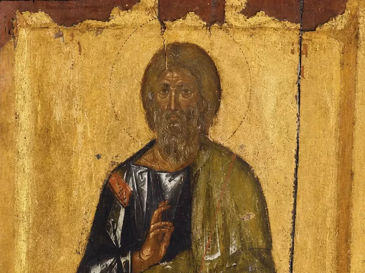 Apostle Andrew Byzantine Icon Detail Showing The Saint’s Face, Halo And Raised Hand