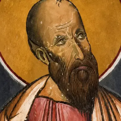 Apostel Paulus ved Panagia Tou Arakos, detalje af ansigtet og den gyldne glorie
