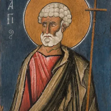 Apostle Peter Fresco At Panagia Tou Arakos With A Golden Halo And Cross-Staff