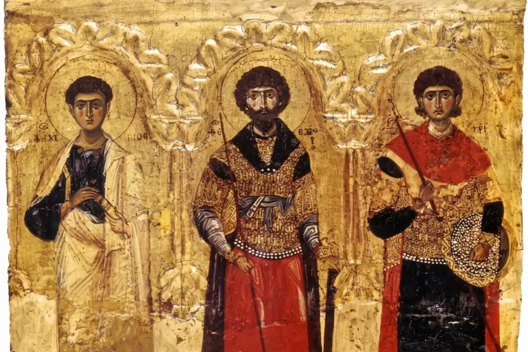 Apostle Philip Byzantine Icon With Saints Theodore And Demetrios Beneath Arches