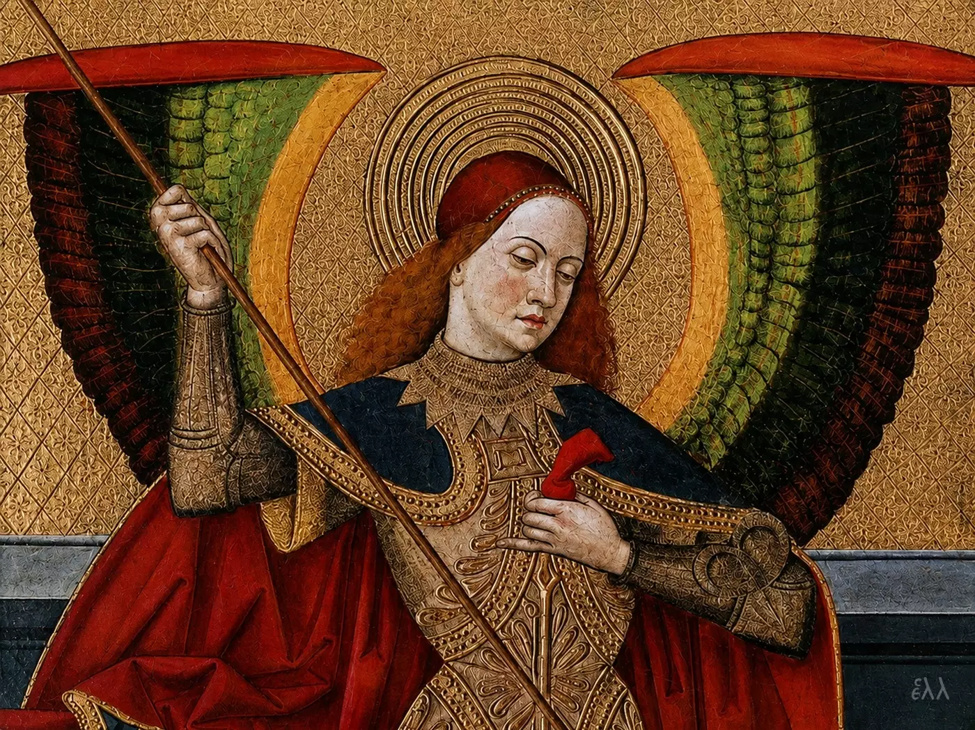 Detalhe Do Arcanjo Miguel Com Auréola E Asas Em Arte Gótica.