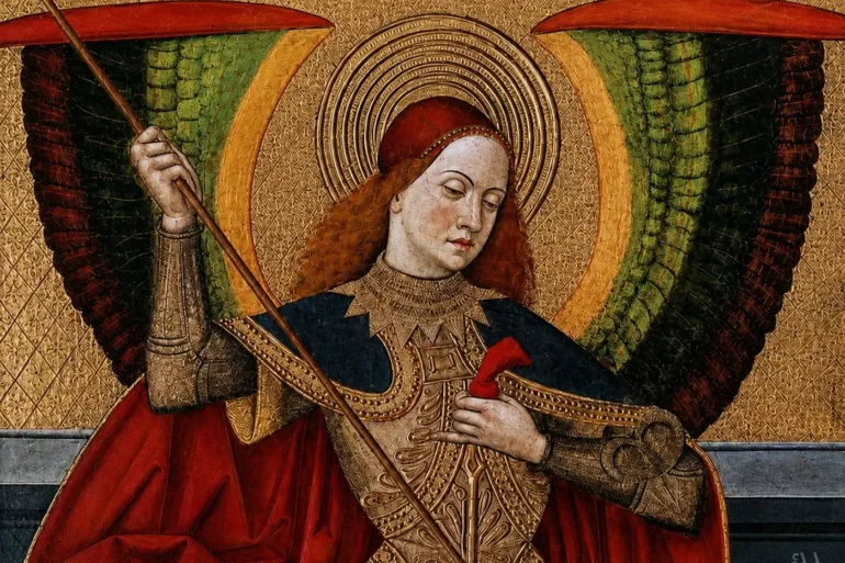 Detail Of The Archangel Michael With Halo And Wings In Gothic Art