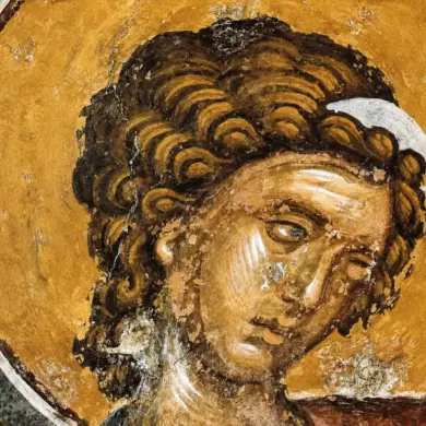 Face Detail Of The Archangel Of The Ascension In A Byzantine Fresco