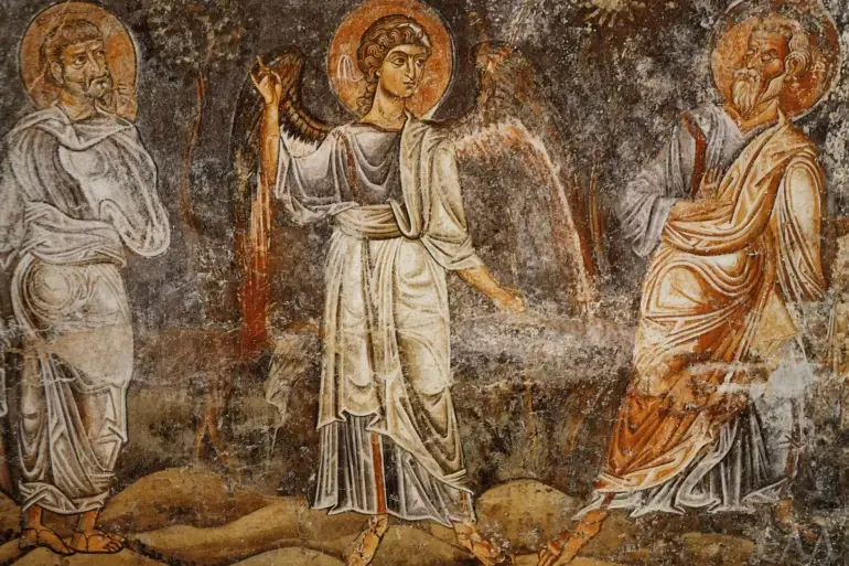 Ascension Of Christ At Ohrid Detail With An Angel Between Two Apostles At Hagia Sophia