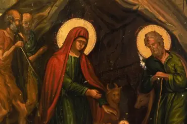 Nativity Of Christ Icon Detail Showing The Virgin, Joseph, Manger, Ox And Ass