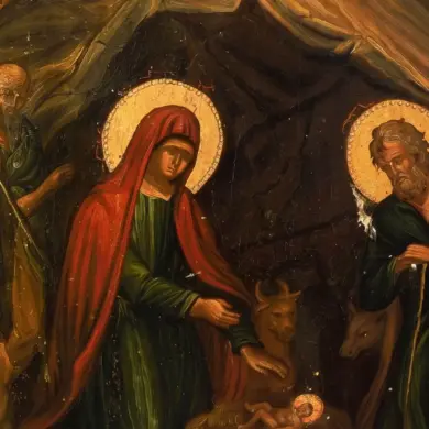 Nativity Of Christ Icon Detail Showing The Virgin, Joseph, Manger, Ox And Ass