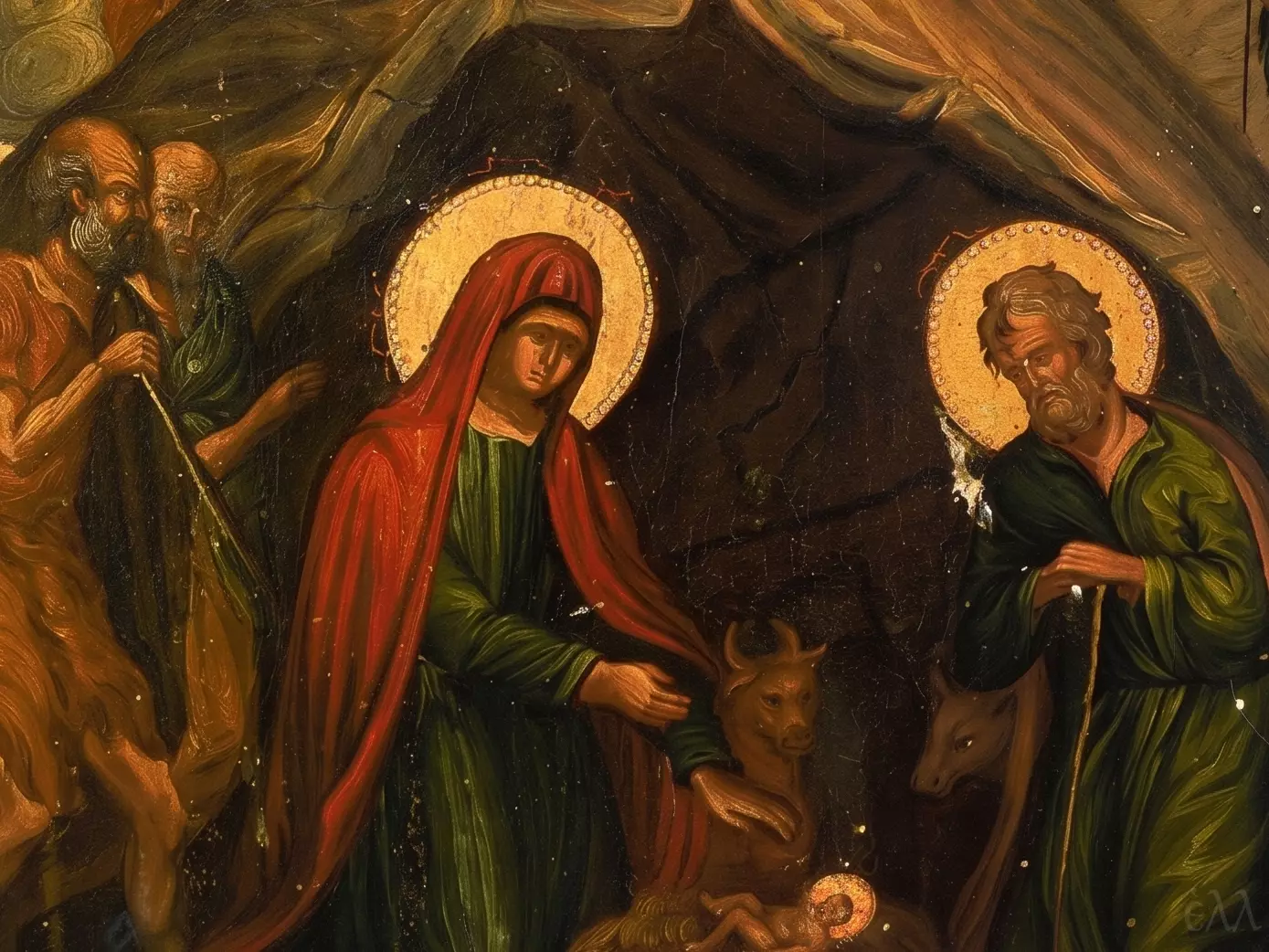 Nativity Of Christ Icon Detail Showing The Virgin, Joseph, Manger, Ox And Ass