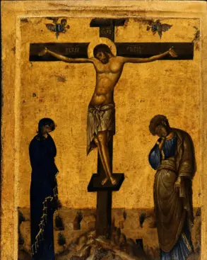 Byzantine Crucifixion Icon On Gold Ground With Christ, Mary, And John