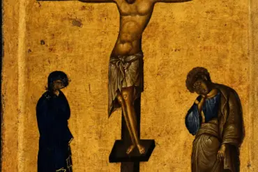 Byzantine Crucifixion Icon On Gold Ground With Christ, Mary, And John