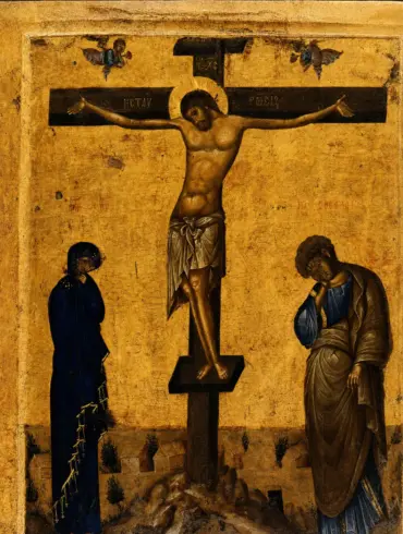 Byzantine Crucifixion Icon On Gold Ground With Christ, Mary, And John