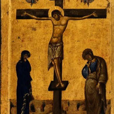 Byzantine Crucifixion Icon On Gold Ground With Christ, Mary, And John