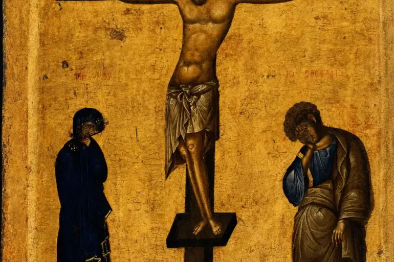 Byzantine Crucifixion Icon On Gold Ground With Christ, Mary, And John