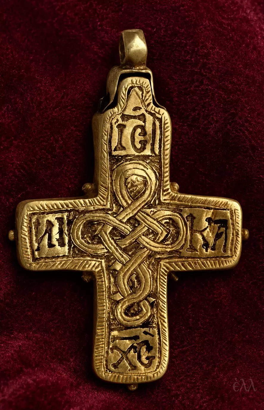 Byzantine Enkolpion Cross In Carved Gold With Interlace Decoration From Vatopedi