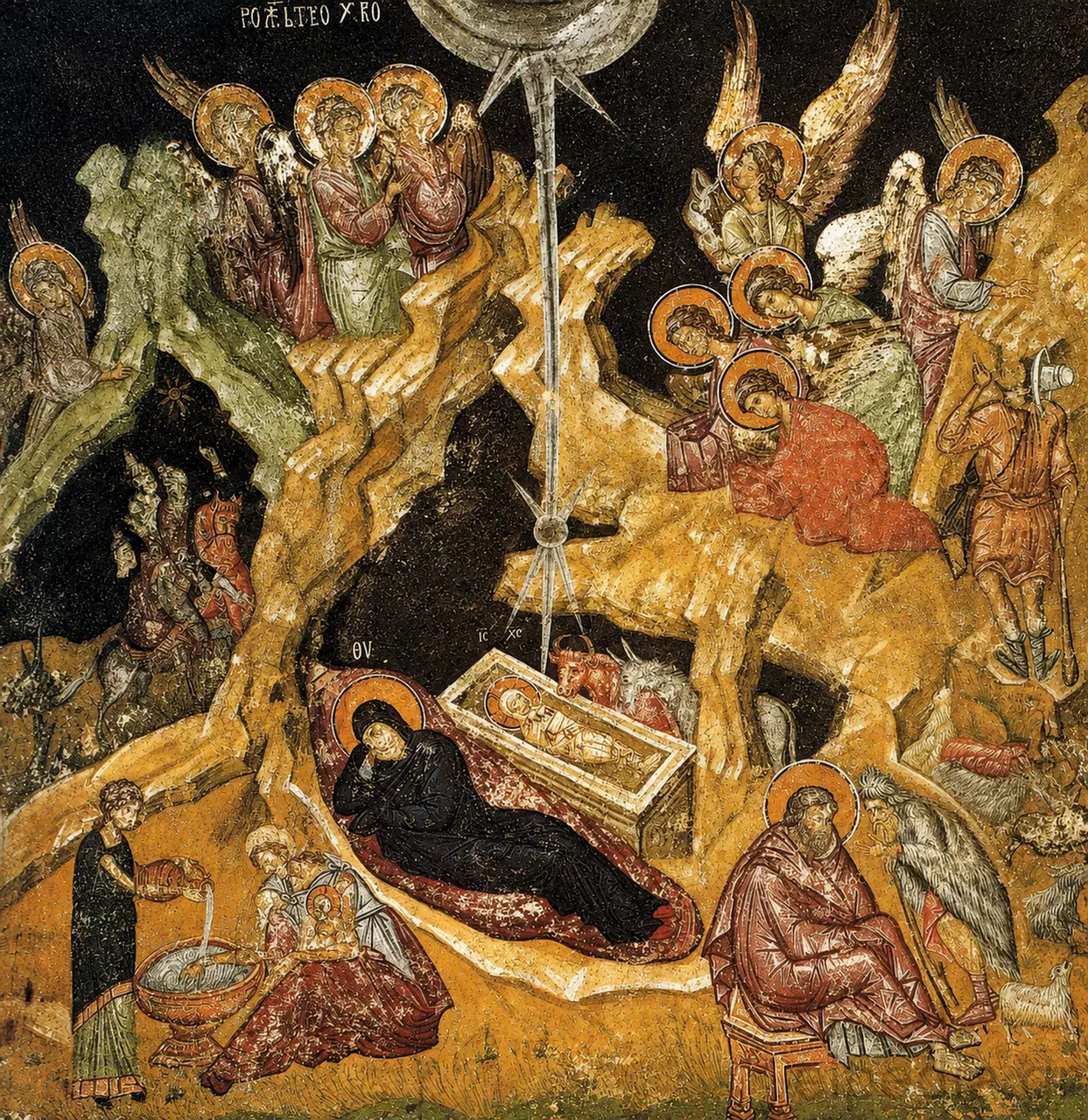 Byzantine Fresco Of The Nativity With Angels And The Theotokos, Patriarchate Of Peć