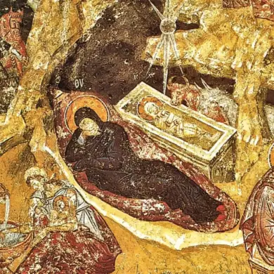 Byzantine Nativity Fresco At Peć Detail Of The Virgin Beside The Swaddled Christbyzantine Nativity Fresco At Peć Detail Of The Virgin Beside The Swaddled Christ