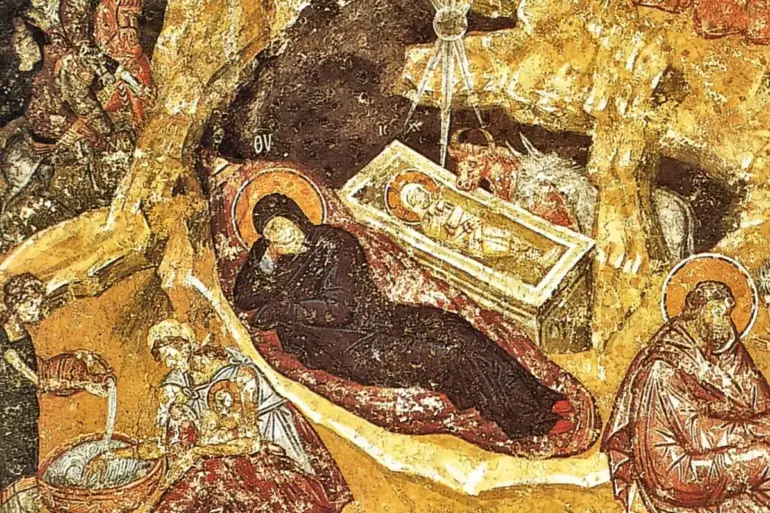 Byzantine Nativity Fresco At Peć Detail Of The Virgin Beside The Swaddled Christbyzantine Nativity Fresco At Peć Detail Of The Virgin Beside The Swaddled Christ