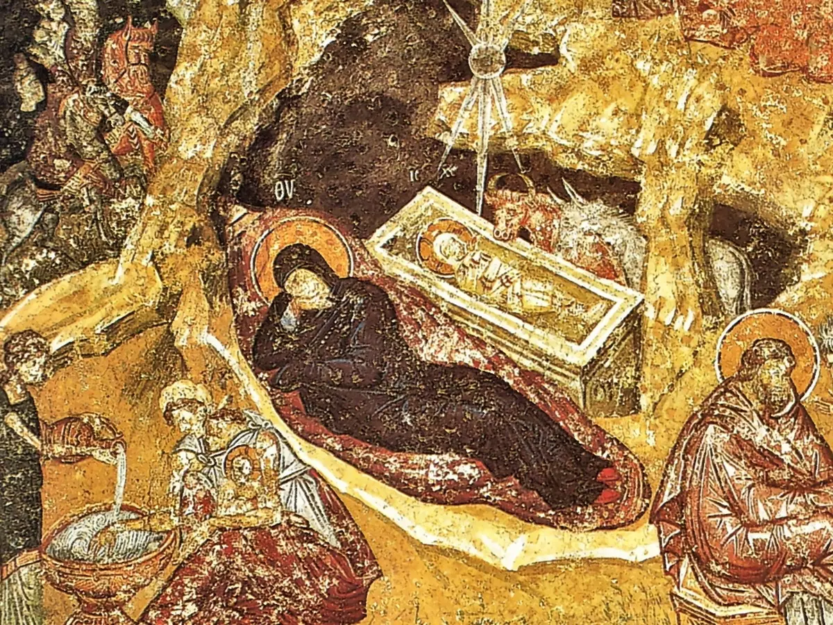 Byzantine Nativity Fresco At Peć Detail Of The Virgin Beside The Swaddled Christbyzantine Nativity Fresco At Peć Detail Of The Virgin Beside The Swaddled Christ